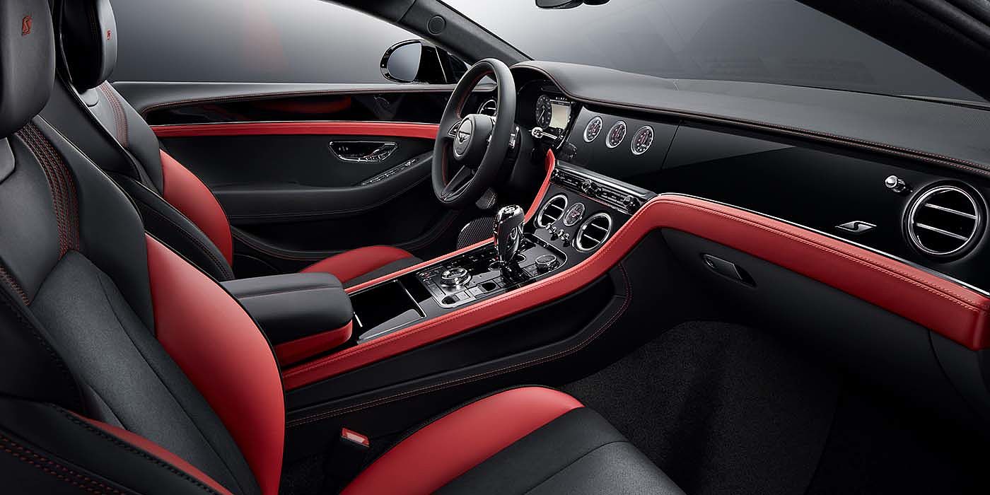 Bentley Mougins Bentley Continental GT S coupe front interior in Beluga black and Hotspur red hide with high gloss Carbon Fibre veneer