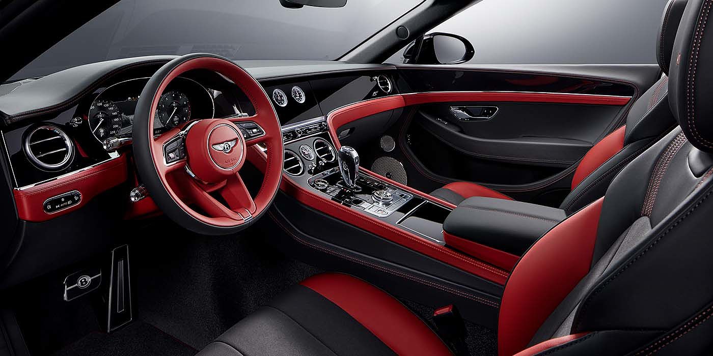 Bentley Mougins Bentley Continental GTC S convertible front interior in Beluga black and Hotspur red hide with high gloss carbon fibre veneer