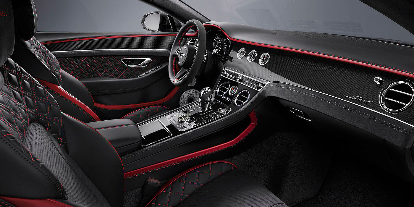 Bentley Mougins Bentley Continental GT Speed coupe front interior in Beluga black and Hotspur red hide