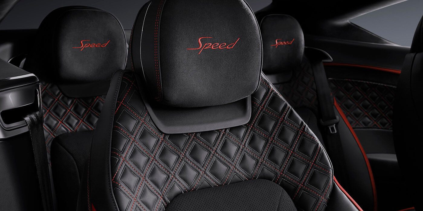 Bentley Mougins Bentley Continental GT Speed coupe seat close up in Beluga black and Hotspur red hide