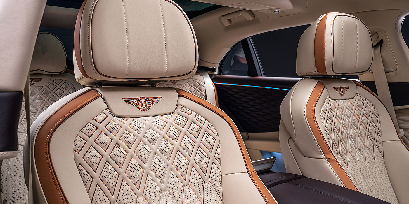 Bentley Mougins Bentley Flying Spur Odyssean sedan rear seat detail with Diamond quilting and Linen and Burnt Oak hides
