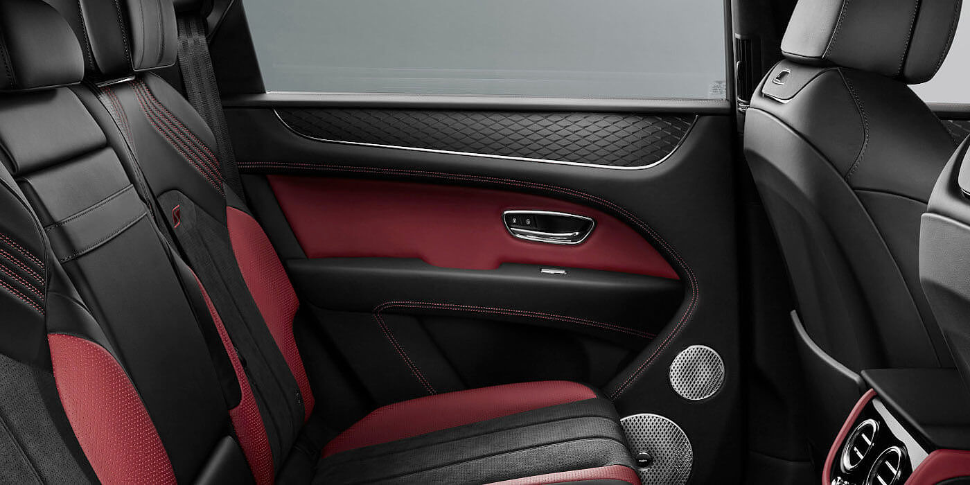 Bentley Mougins Bentley Bentayga S SUV rear interior in Beluga black and Hotspur red hide