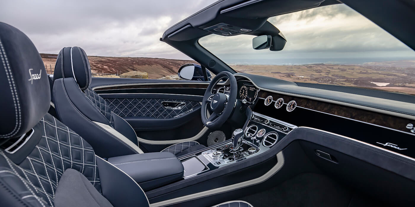 Bentley Mougins Bentley Continental GTC Speed convertible front interior in Imperial Blue and Linen hide