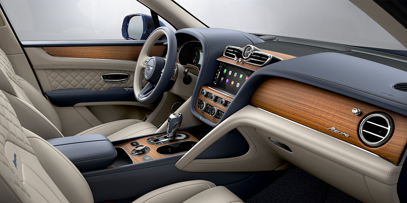 Bentley Mougins Bentley Bentayga Azure SUV front interior in Imperial Blue and Linen hide