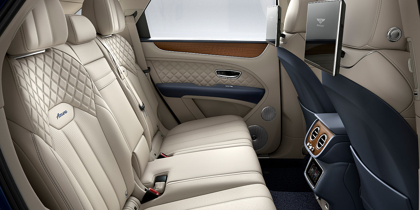 Bentley Mougins Bentley Bentayga Azure SUV rear interior in Imperial Blue and Linen hide