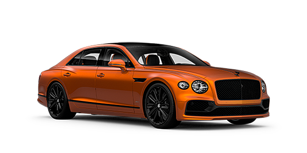 Bentley Mougins Bentley Flying Spur Speed front side angled view in Orange Flame coloured exterior. 