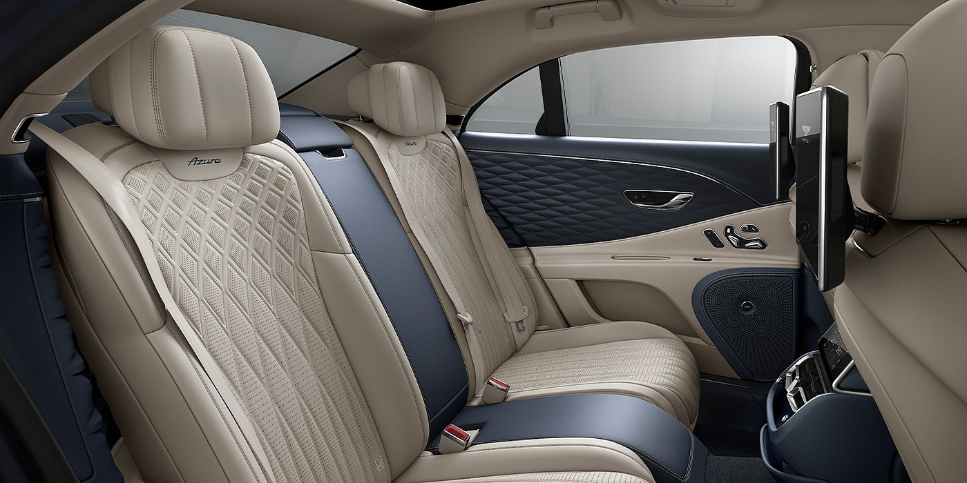 Bentley Mougins Bentley Flying Spur Azure sedan rear interior in Imperial Blue and Linen hide