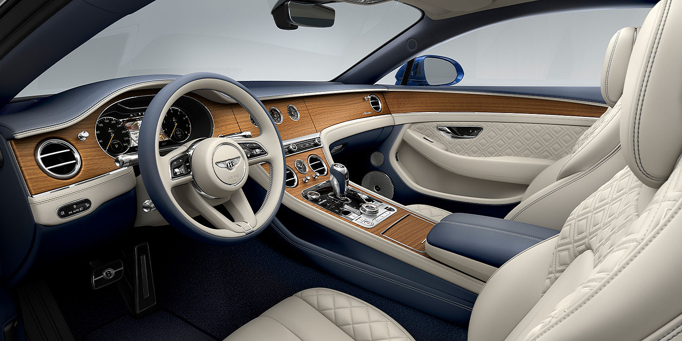 Bentley Mougins Bentley Continental GT Azure coupe front interior in Imperial Blue and linen hide