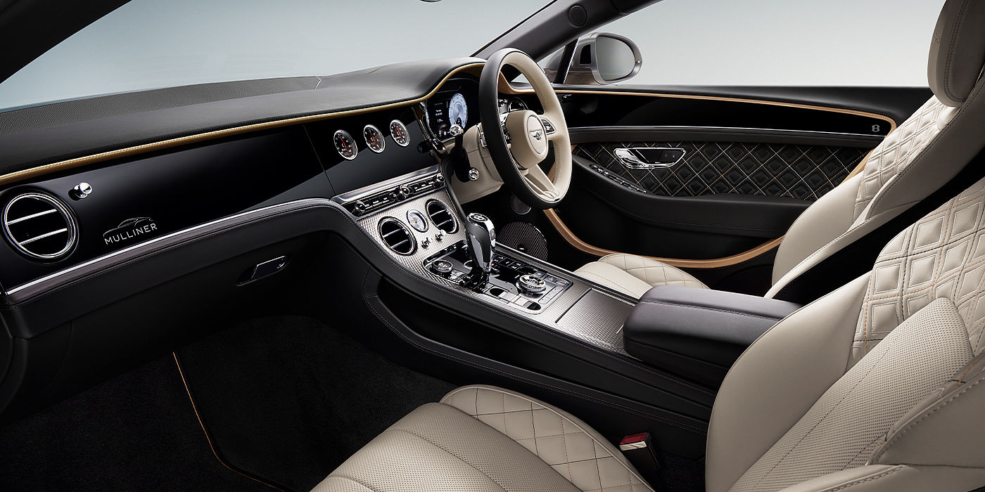 Bentley Mougins Bentley Continental GT Mulliner coupe front interior in Beluga black and Linen hide