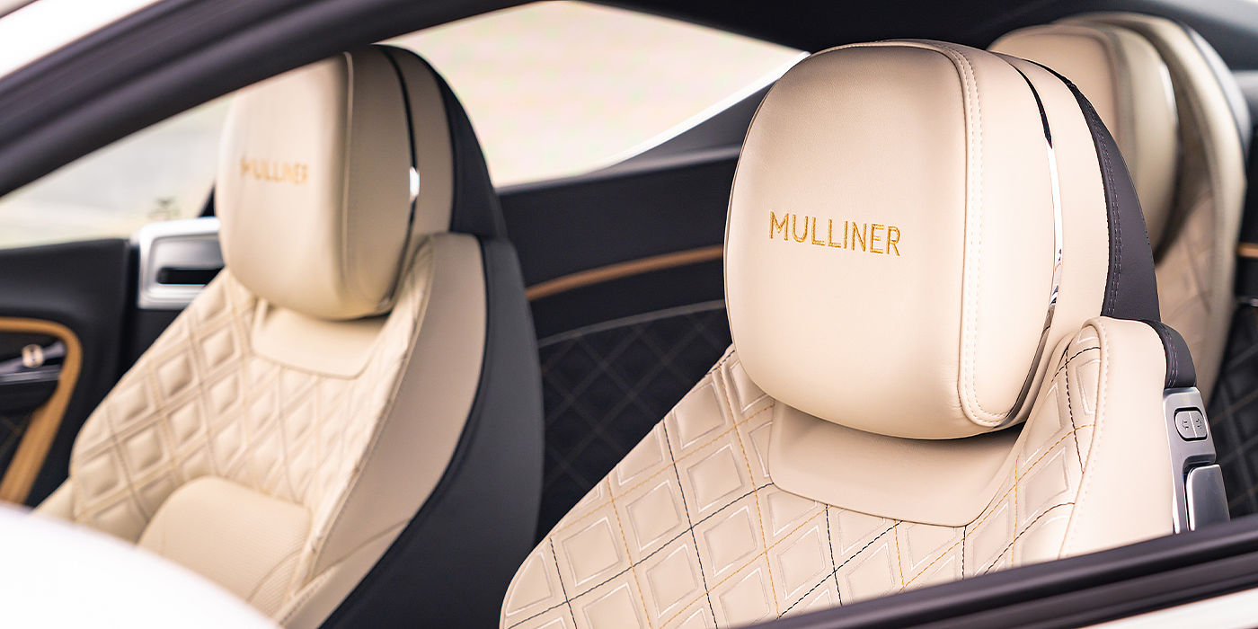 Bentley Mougins Bentley Continental GT Mulliner coupe seat detail in Beluga black and Linen hide