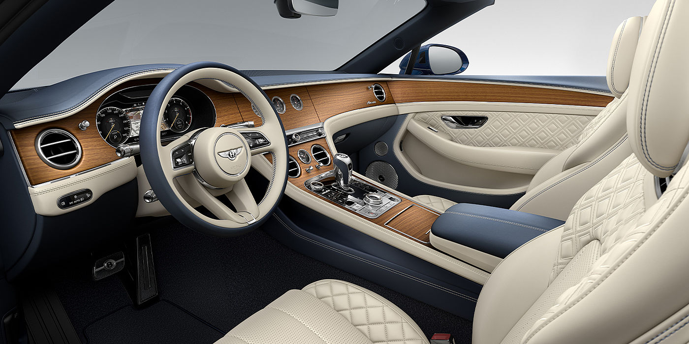 Bentley Mougins Bentley Continental GTC Azure convertible front interior in Imperial Blue and Linen hide