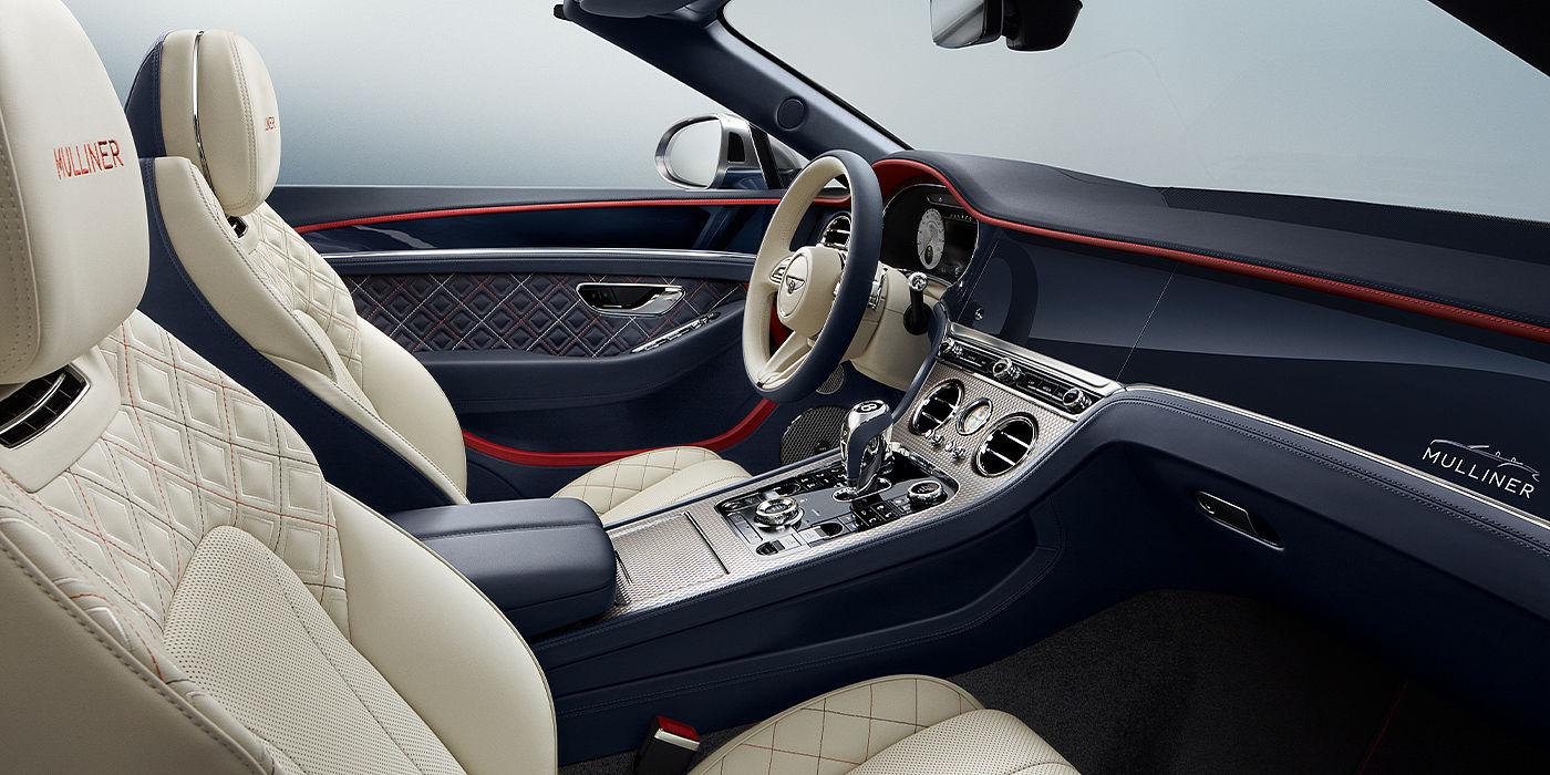 Bentley Mougins Bentley Continental GTC Mulliner convertible front interior in Imperial Blue and Linen hide