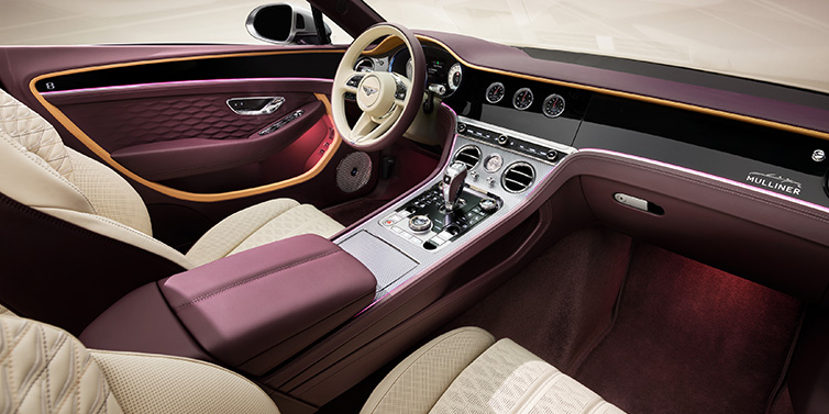 Bentley Mougins Bentley Continental GTC Mulliner convertible front interior including Linen and Damson purple hides and Grand Black veneer