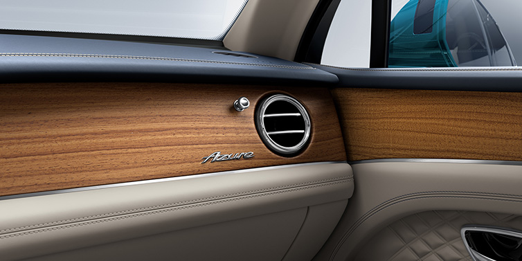 Bentley Mougins Bentley Bentayga Extended Wheelbase Azure front dash showing Open Pore Koa veneer surrounded by Portland and Imperial Blue hides