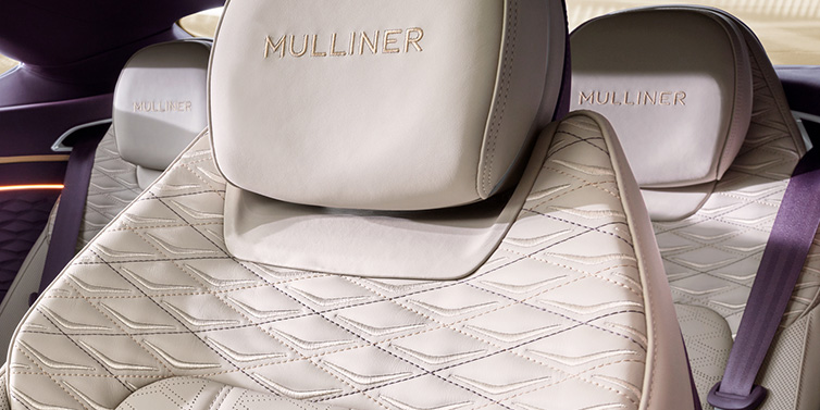 Bentley Mougins Bentley Continental GT Mulliner coupe seat detail in Linen leather with Mulliner Diamond in Diamond quilting and Mulliner embroidered seat emblem